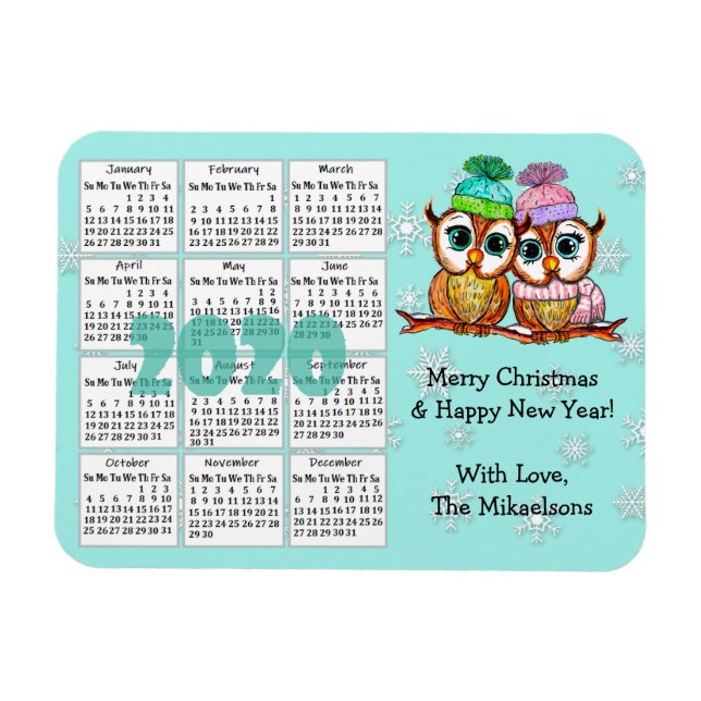 Cute Uggla par Teal Snöflingor 2020 Mini Calendar Magnet (Horisontell)