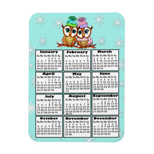 Cute Uggla par Teal Snöflingor 2020 Mini Calendar Magnet (Vertikal)