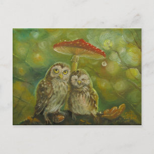 Cute Uggla par under Mushroom Vykort