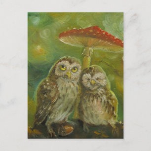 Cute Uggla par under Mushroom Vykort