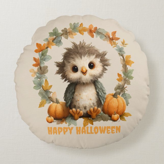 Cute Uggla Pumpkin Happy halloween Design Rund Kudde (Framsidan)