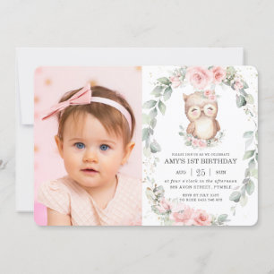 Cute Uggla Rosa Blommigt Greenery Birthday Photo Inbjudningar