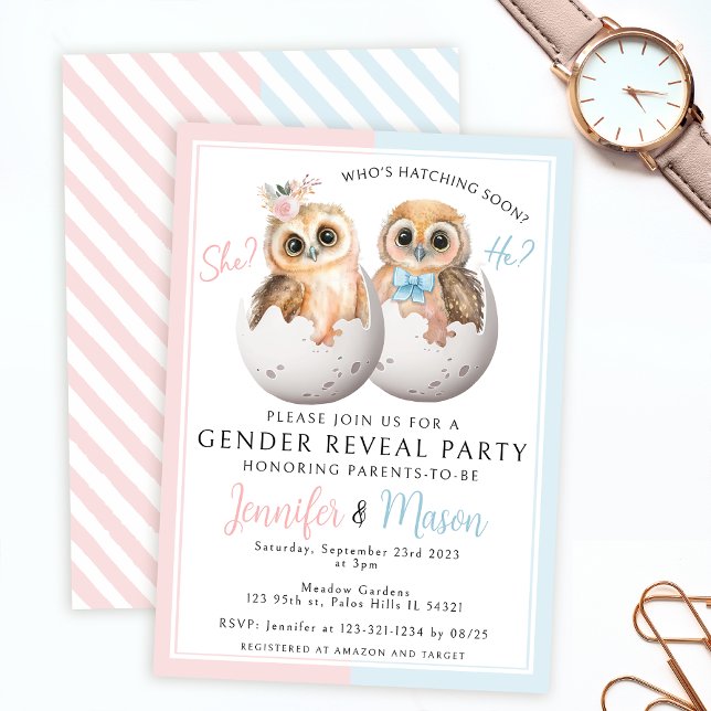 Cute uggla rosa blue gender visar partiinbjudan inbjudningar (Skapare uppladdad)