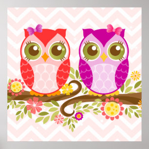 Cute Uggla - Rosa & Lila Girls - Poster av vägg