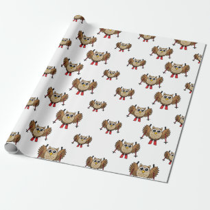 Cute Uggla Skiing Tecknad Presentpapper