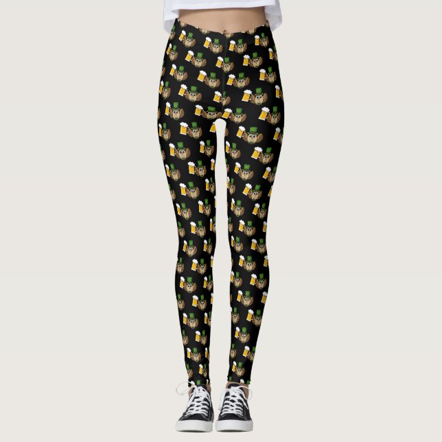 Cute Uggla som dricker öl St patrick's day Mönster Leggings (Framsida)