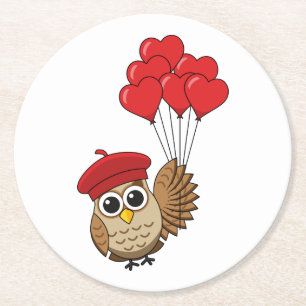 Cute Uggla som flyger med Heart BalloRound Papper Underlägg Papper Rund