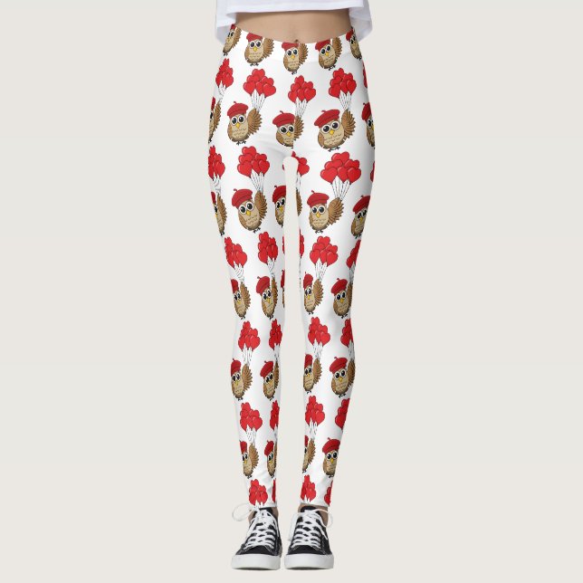 Cute Uggla som flyger med hjärtballonger Leggings (Framsida)