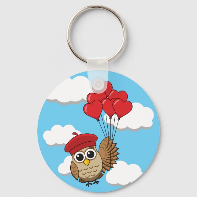 Cute Uggla som flyger med hjärtballonger Nyckelring (Framsida)