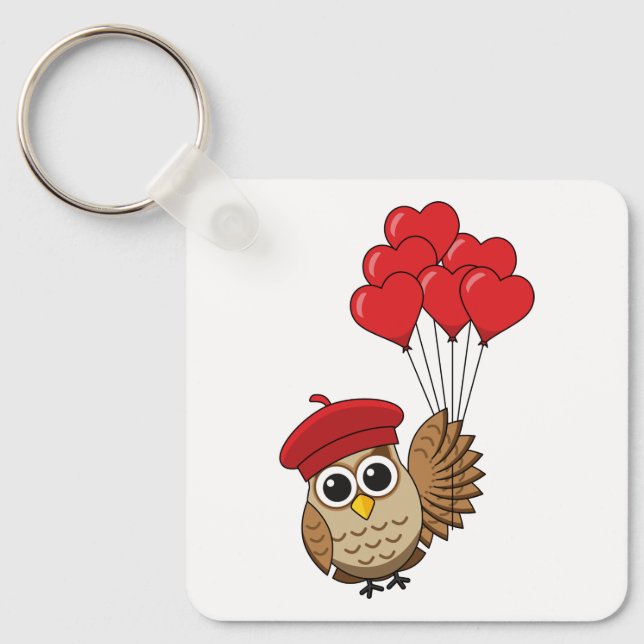 Cute Uggla som flyger med hjärtballonger Nyckelring (Framsida)