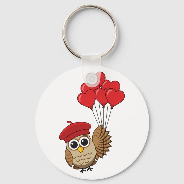 Cute Uggla som flyger med hjärtballonger Nyckelring (Framsida)