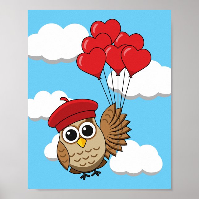 Cute Uggla som flyger med hjärtballonger Poster (Framsidan)