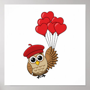 Cute Uggla som flyger med hjärtballonger Poster