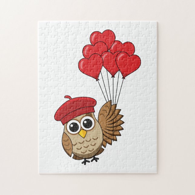 Cute Uggla som flyger med hjärtballonger Pussel (Vertikal)
