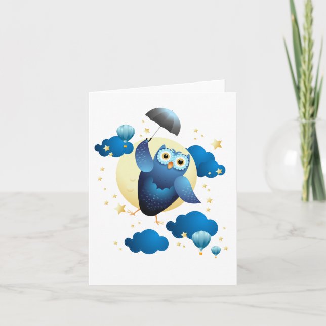 Cute Uggla som flyger med paraplyer Kort (Framsida)