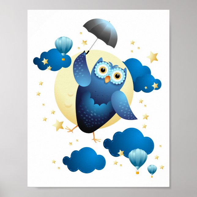 Cute Uggla som flyger med paraplyer Poster (Framsidan)