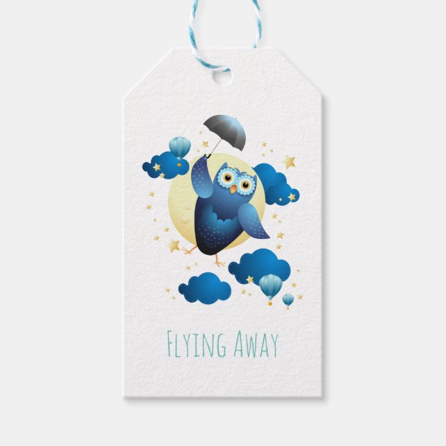 Cute Uggla som flyger med paraplyer Presentetikett (Framsidan)