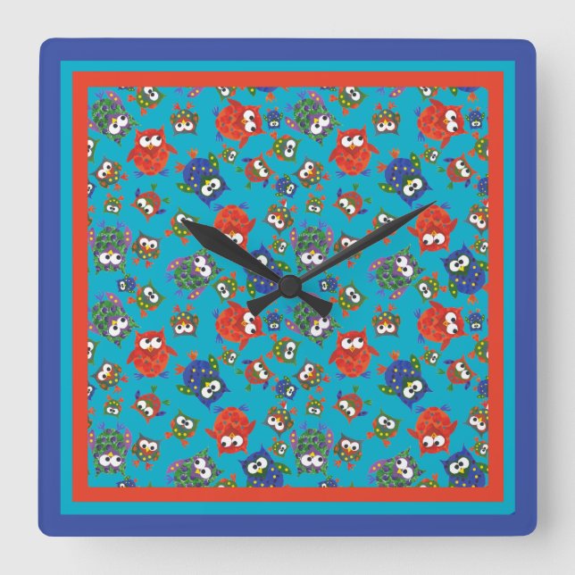 Cute Uggla Square Wall Clock, Red, Blue, Grönt Fyrkantig Klocka (Framsida)