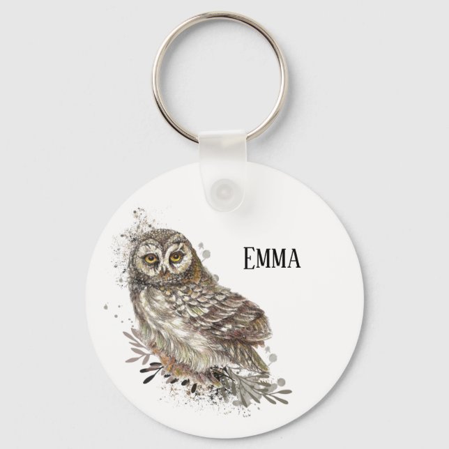 Cute Uggla,Watercolor Bird Nature Keychain Nyckelring (Framsida)