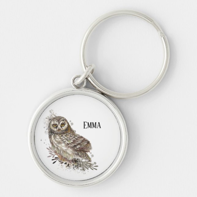 Cute Uggla,Watercolor Bird Nature Keychain Rund Silverfärgad Nyckelring (Framsidan)