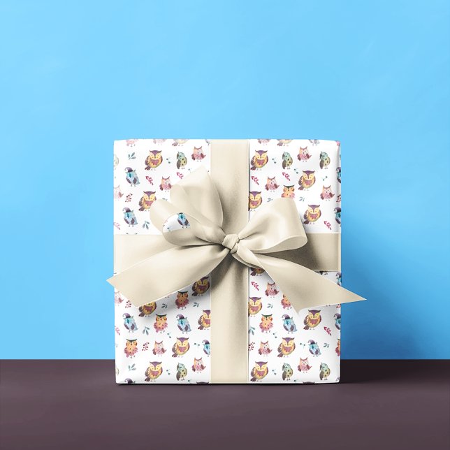 Cute Uggla Watercolor Mönster | Vit Presentpapper (Skapare uppladdad)