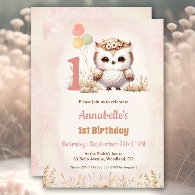 Cute Uggla Woodland Boho Girl 1:a födelsedagen Inbjudningar (Cute Owl Woodland Boho Girl 1st Birthday Invitation)