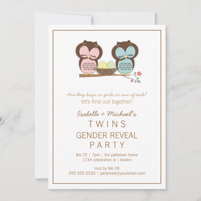 Cute Ugglor Twin Baby Gender Reveal Party bjudan Inbjudningar (Framsida)