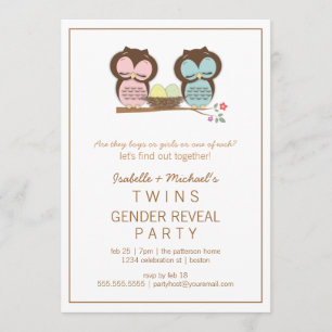 Cute Ugglor Twin Baby Gender Reveal Party bjudan Inbjudningar