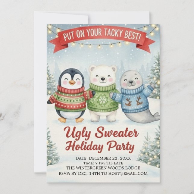Cute Ugly Sweater Holiday Party Penguin Polar Bear Inbjudningar (Framsida)