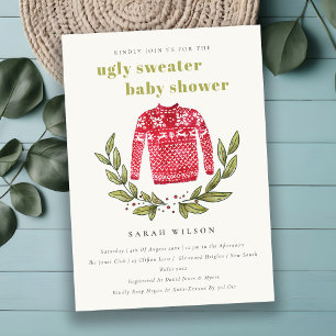 Cute Ugly Sweater Leafy Winter Baby Shower Inbjuda Tack Kort