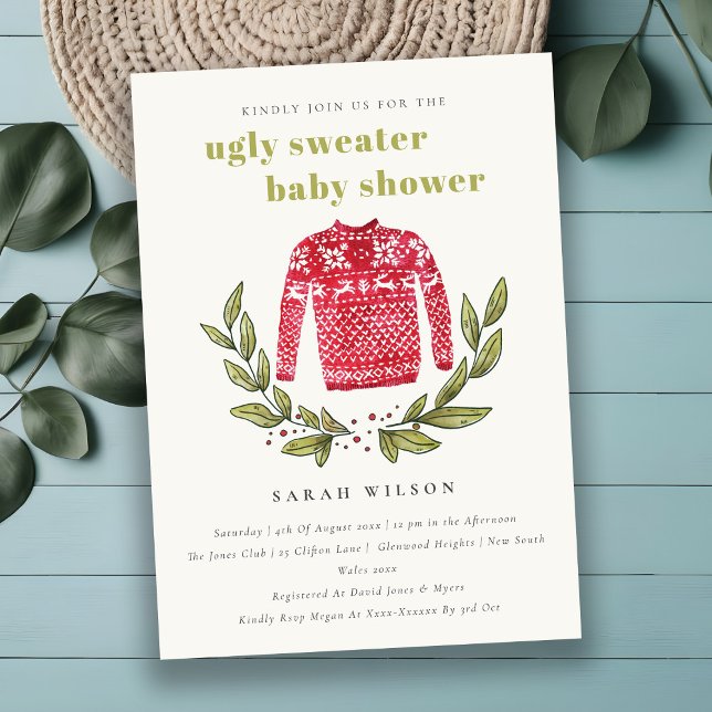 Cute Ugly Sweater Leafy Winter Baby Shower Inbjuda Tack Kort (Skapare uppladdad)