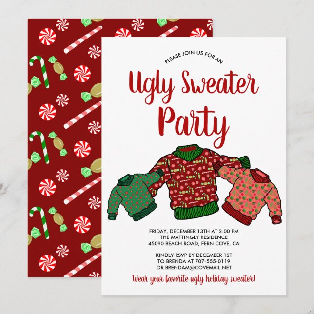 Cute Ugly Sweater Winter Candy cane Julfest Inbjudningar (Fram/baksida)