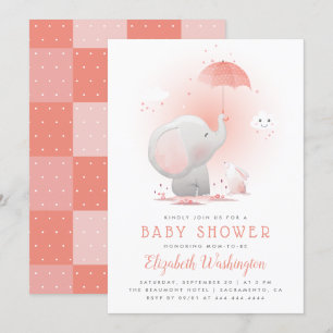 Cute Umbrella Elephant & Bunny Girl Baby Shower Inbjudningar