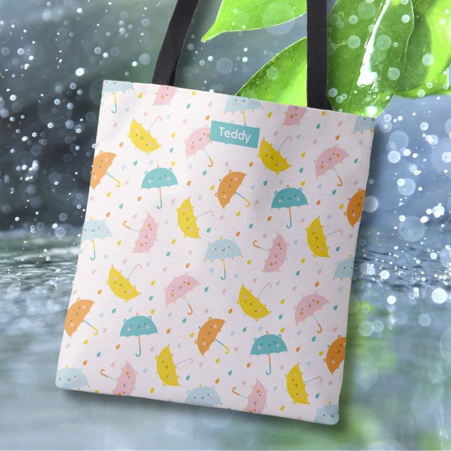 Cute Umbrellas och regndroppar med Namn Tote Tygkasse (Skapare uppladdad)
