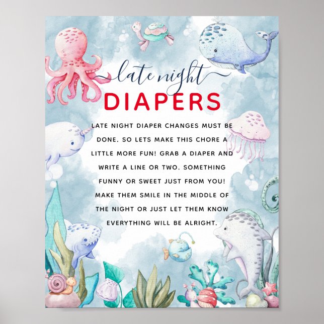 Cute under Sea Baby Shower "Late Natt Diaper" Poster (Framsidan)