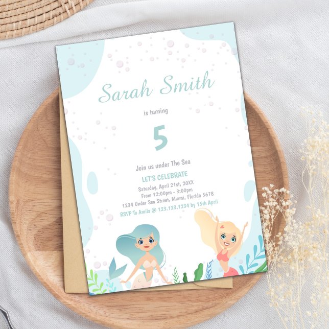 Cute under Sea Party för flickor Inbjudningar (Blond Mermaid Birthday Invitations)