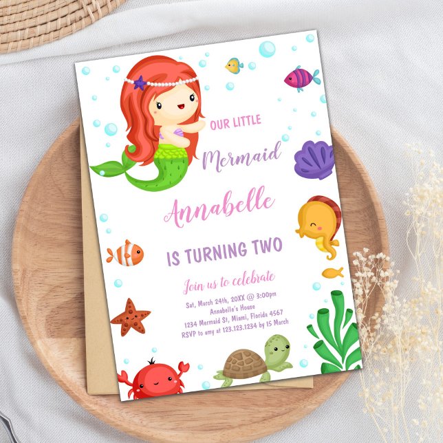 Cute under Sea Party Inbjudan för flickor (Little Orange Hair Mermaid Invitations)