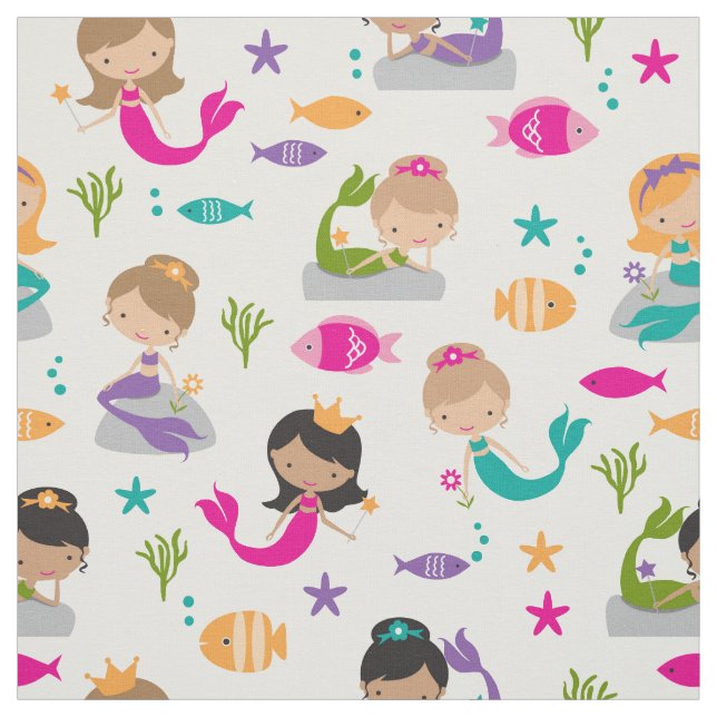 Cute under Sea Sjöjungfru and Fish Fabric Tyg (Provkarta)