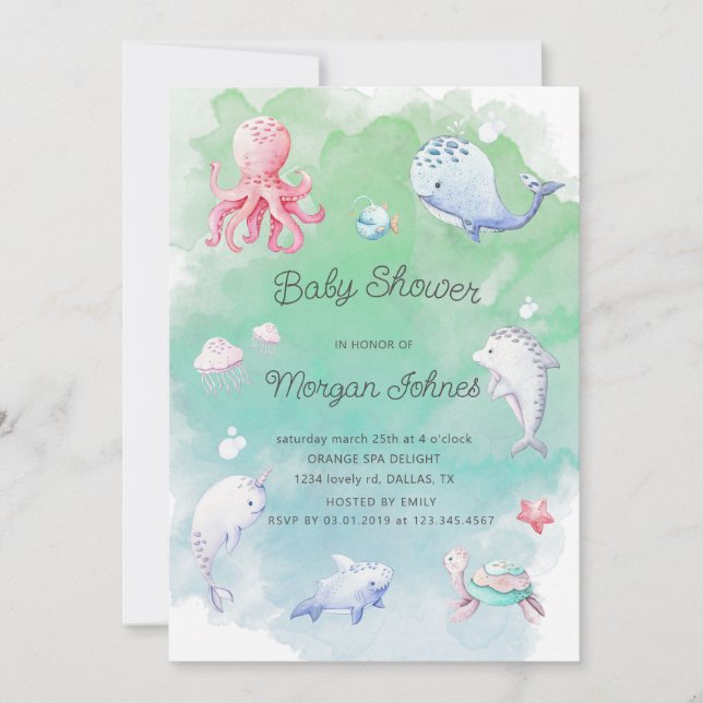 Cute under Sea Watercolor Baby Shower Inbjudan (Framsida)