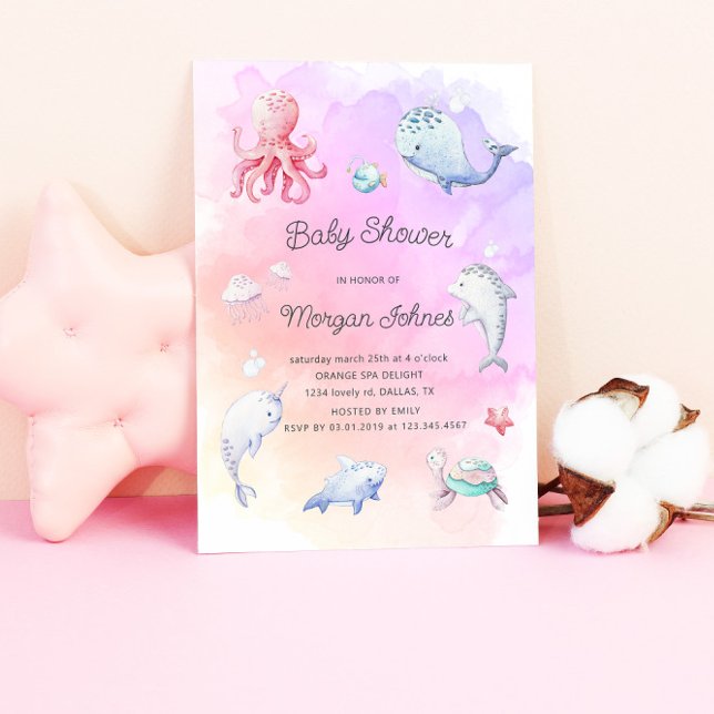Cute under Sea Watercolor Baby Shower Inbjudan (Skapare uppladdad)