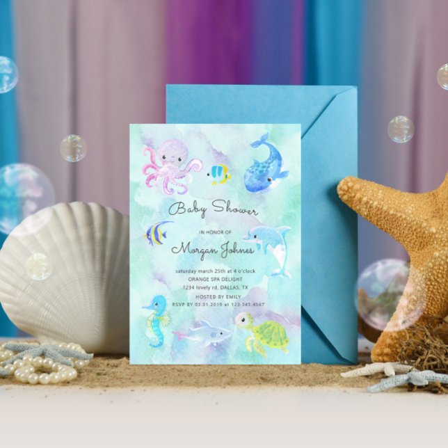 Cute under Sea Watercolor Baby Shower Inbjudan (Skapare uppladdad)