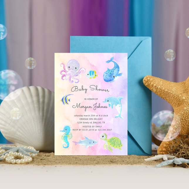 Cute under Sea Watercolor Baby Shower Inbjudan (Skapare uppladdad)