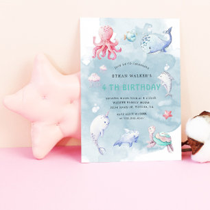 Cute under Sea Watercolor Birthday bjudande Inbjudningar