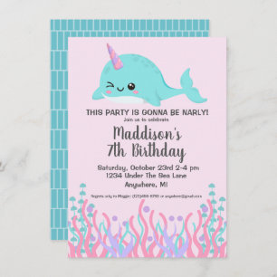 Cute under Sea Winking Narwhal Birthday Inbjudningar