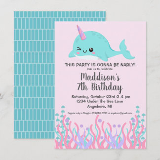 Cute under Sea Winking Narwhal Birthday Inbjudningar