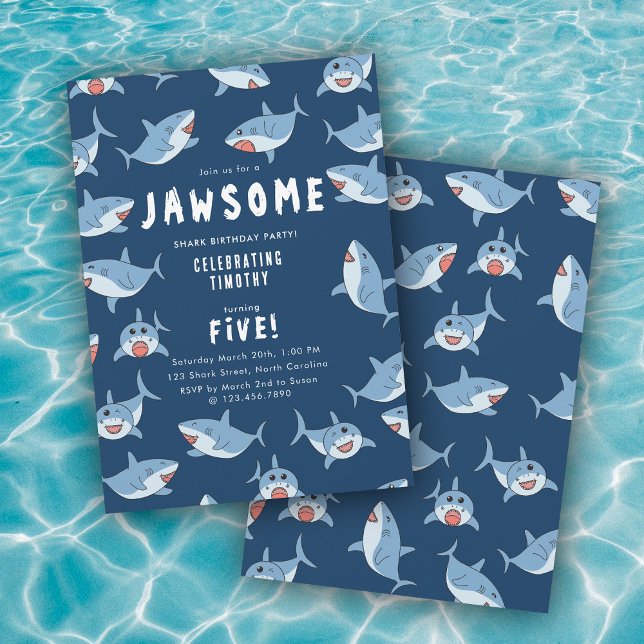 Cute Underbar White Shares Ocean Födelsedagsfest Inbjudningar (Cute Great White Sharks Ocean Birthday Party Invitation)