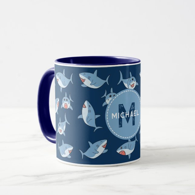 Cute Underbara vita hajar Ocean Monogram Kids Mugg (Framsida vänster)