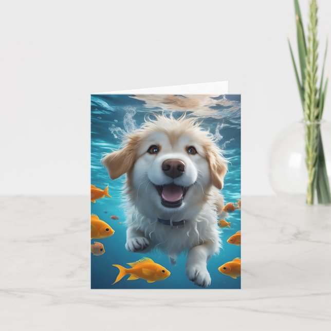 Cute Underwater Hund Swimming with Fish Blank Kort (Framsida)