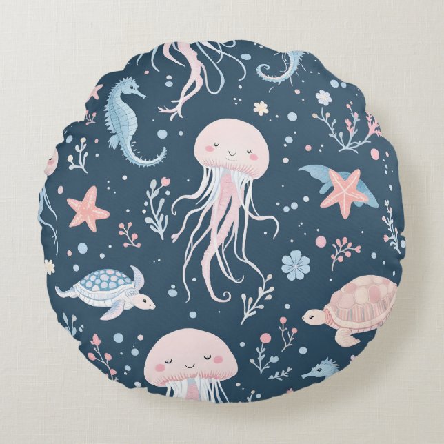Cute Underwater Jellyfish och Sea Turtles Mönster Rund Kudde (Framsidan)
