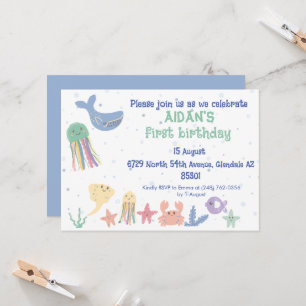 Cute Underwater World First Birday Inbjudningar